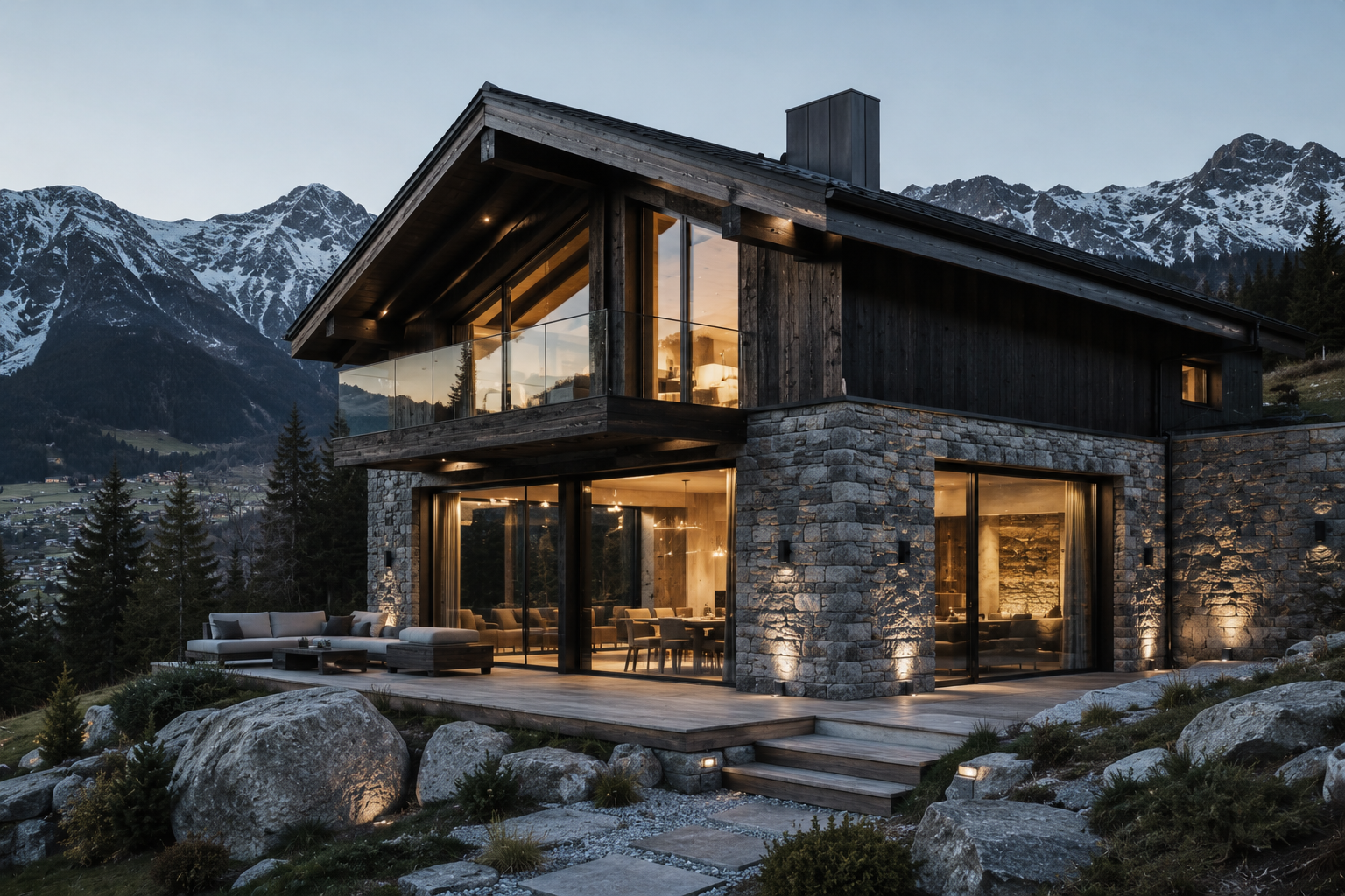 Chalet contemporain en bois sombre et pierre dans les Alpes