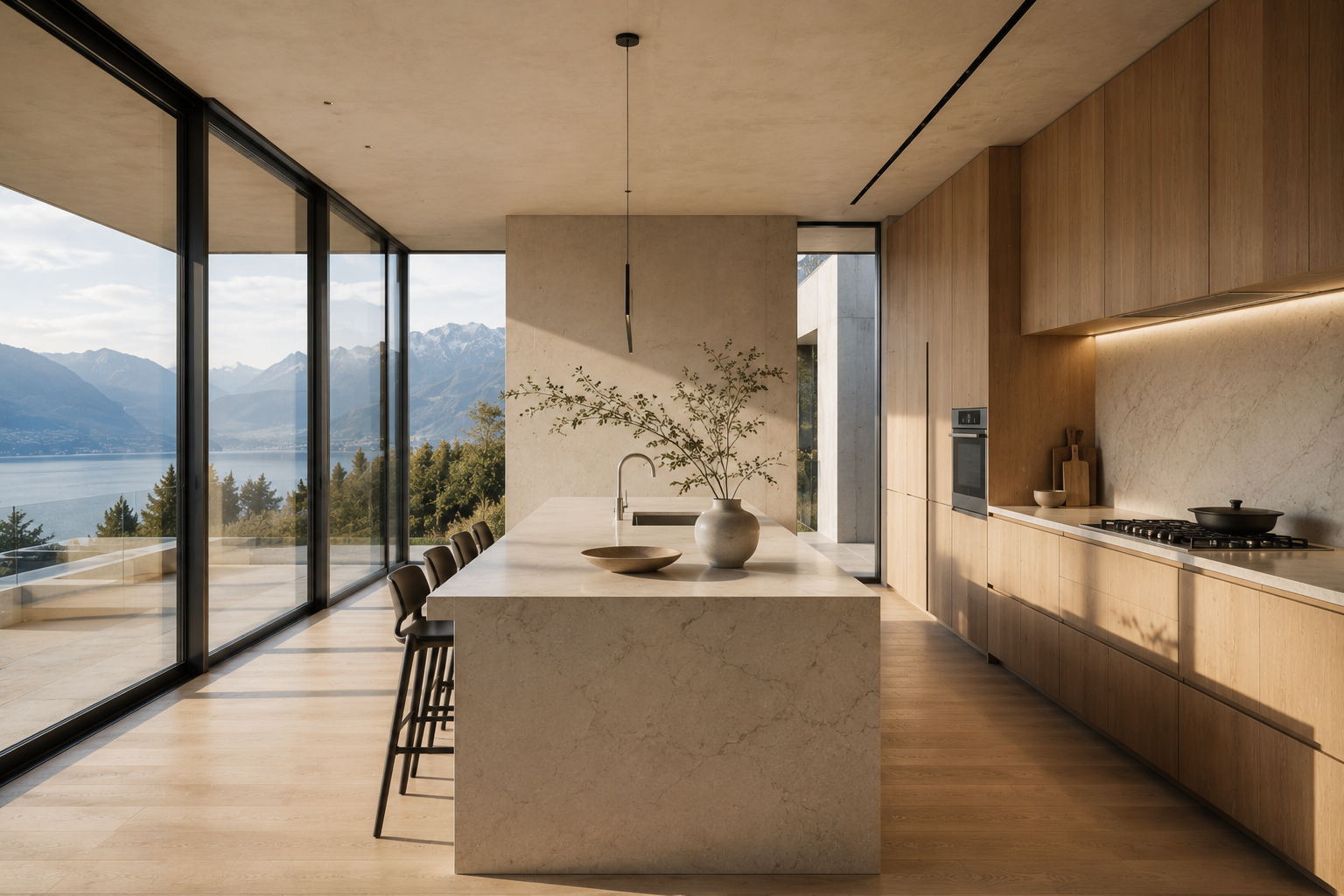 Cuisine contemporaine minimaliste avec vue sur le lac
