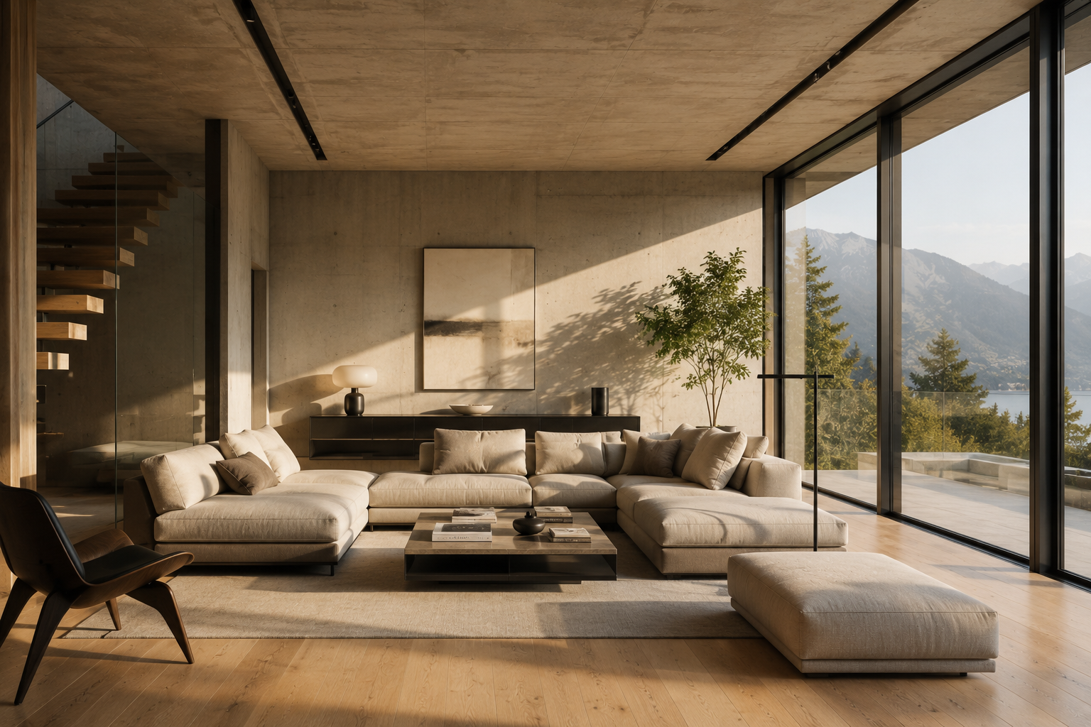 Salon contemporain avec béton, bois et vue alpine