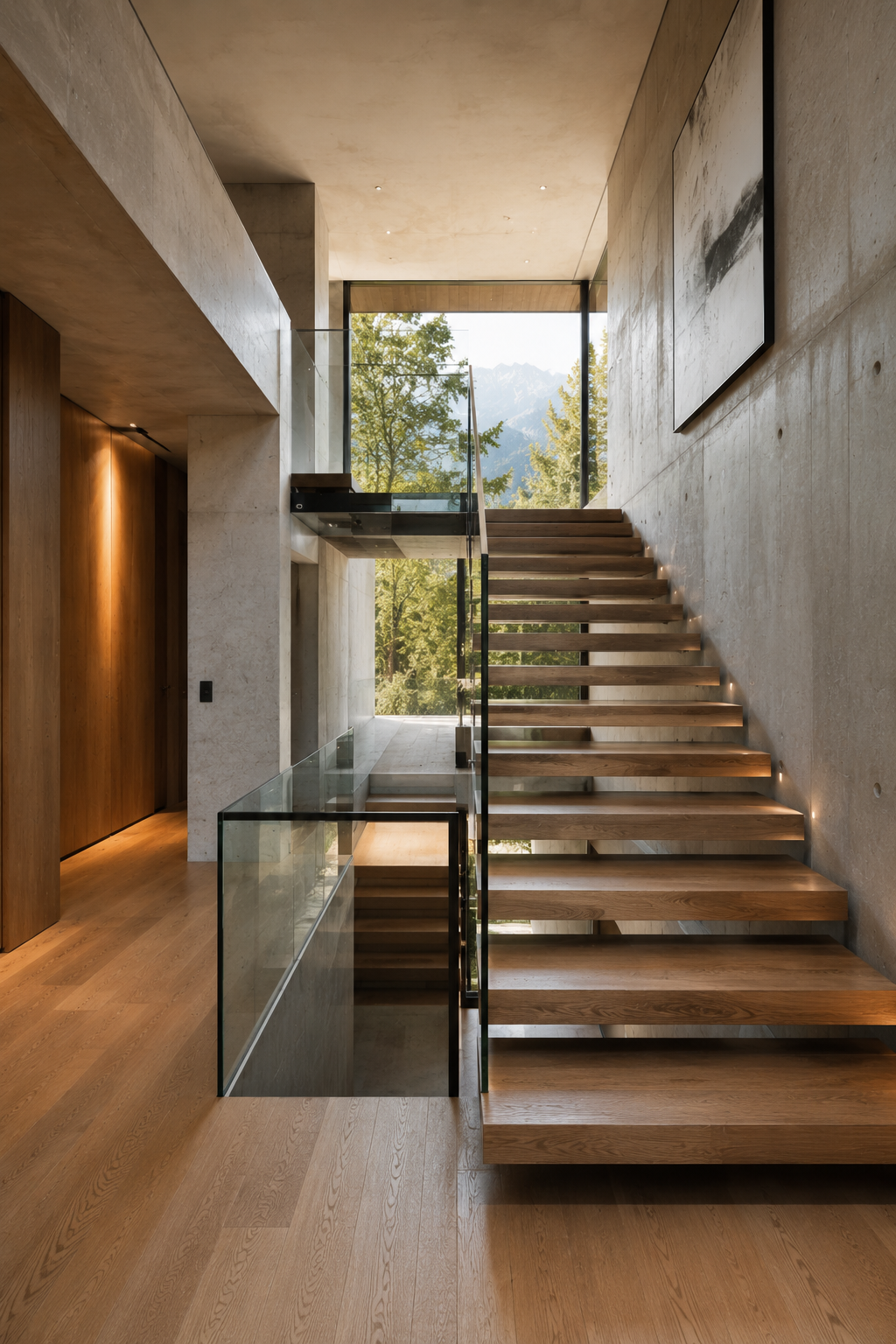 Escalier sculptural en bois et béton dans une maison contemporaine