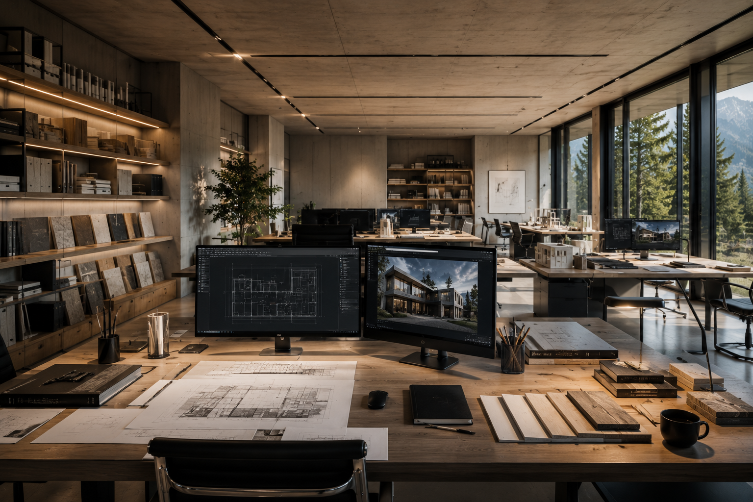 Studio sombre et premium avec plans et écrans architecturaux