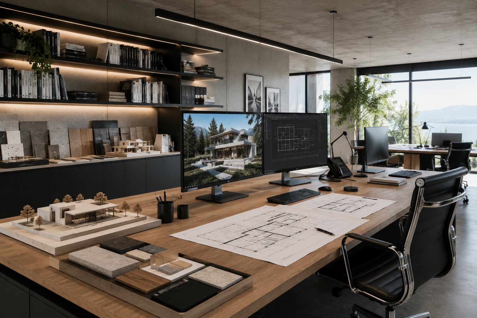 Bureau d'architecte avec maquette, écrans et matières