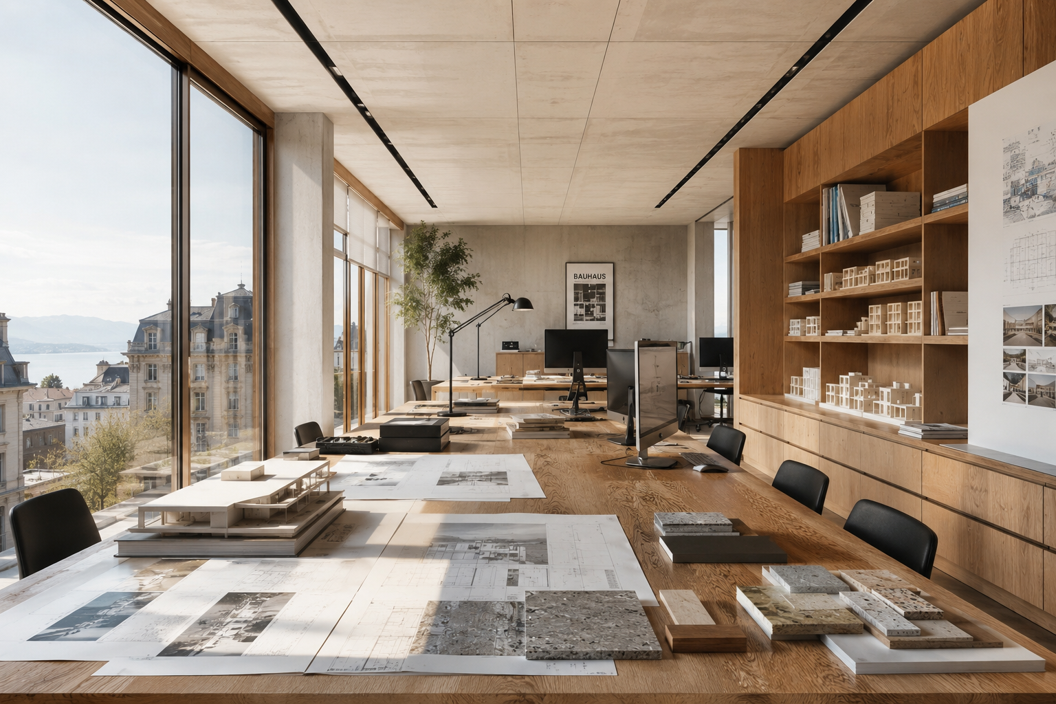 Atelier d'architecture haut de gamme avec maquettes, matières et vue sur le lac
