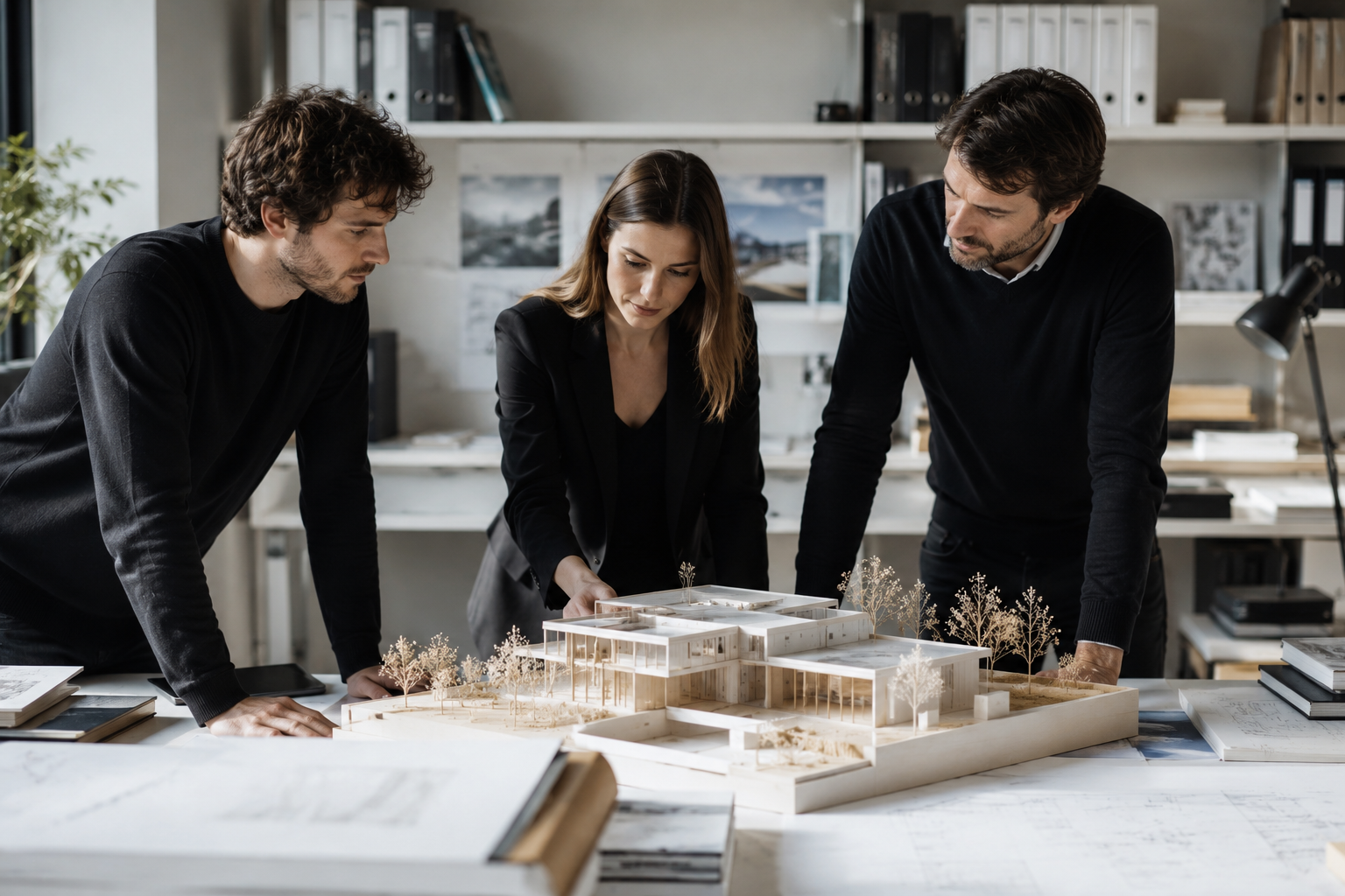 Équipe d'Atelier Nova autour d'une maquette architecturale