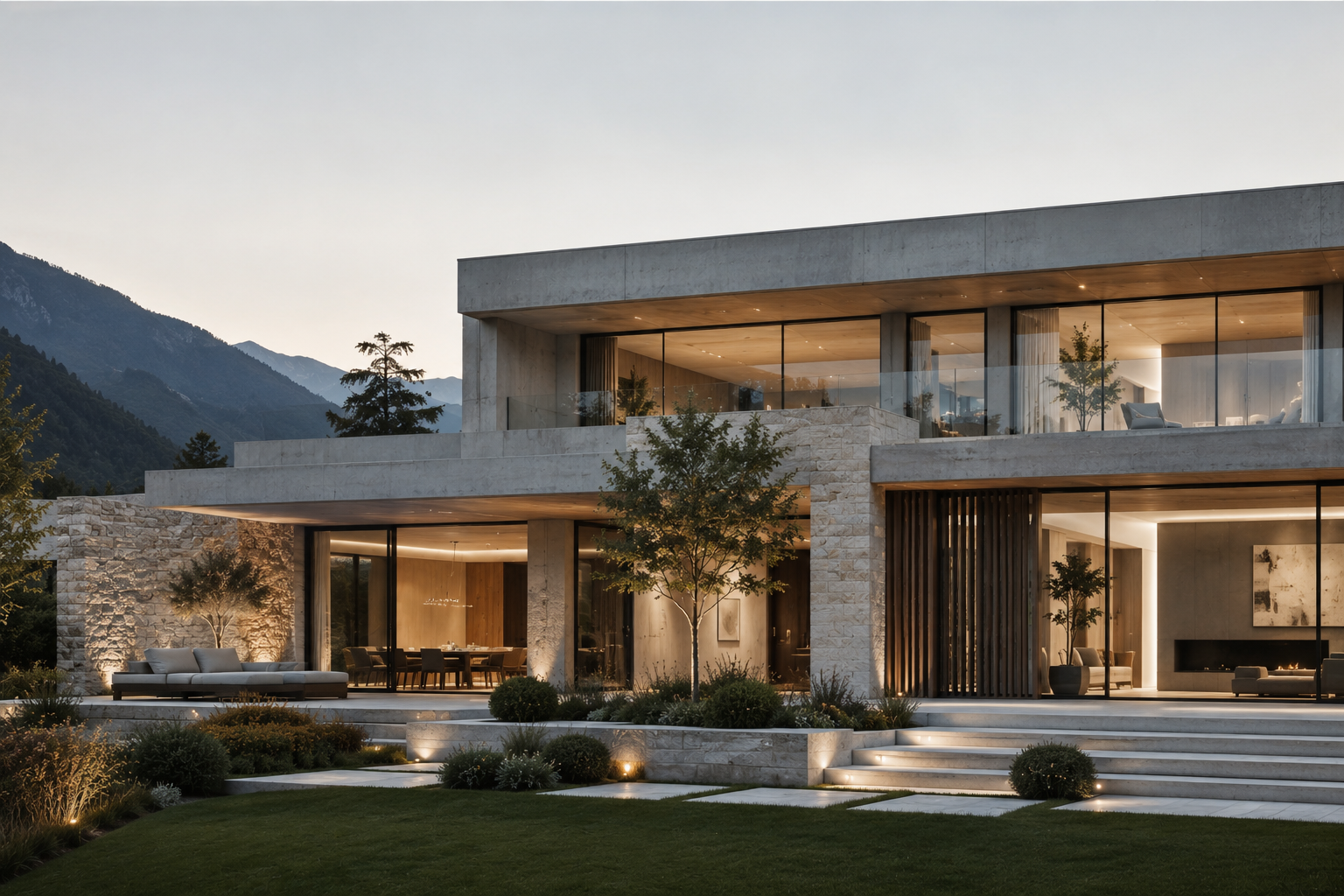 Villa contemporaine aux lignes minérales au crépuscule