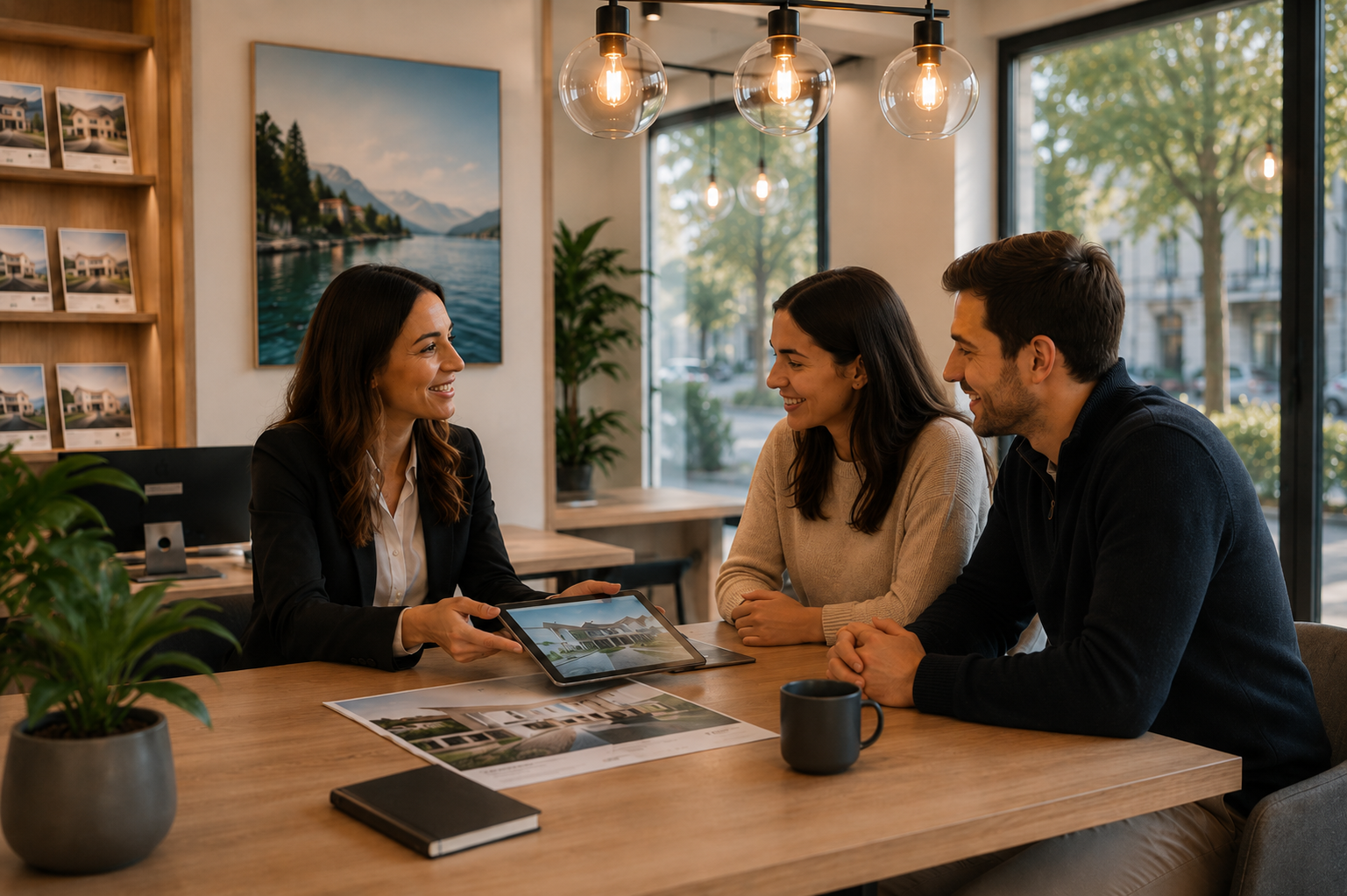 Conseillère Riviera Habitat présentant un bien à un couple