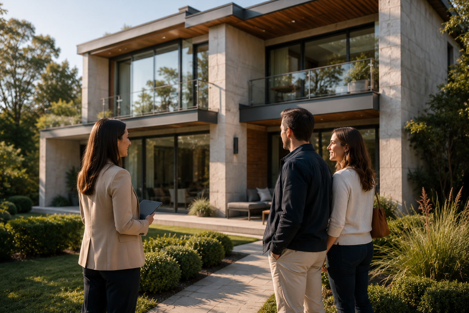 Couple découvrant un bien avec une conseillère Riviera Habitat