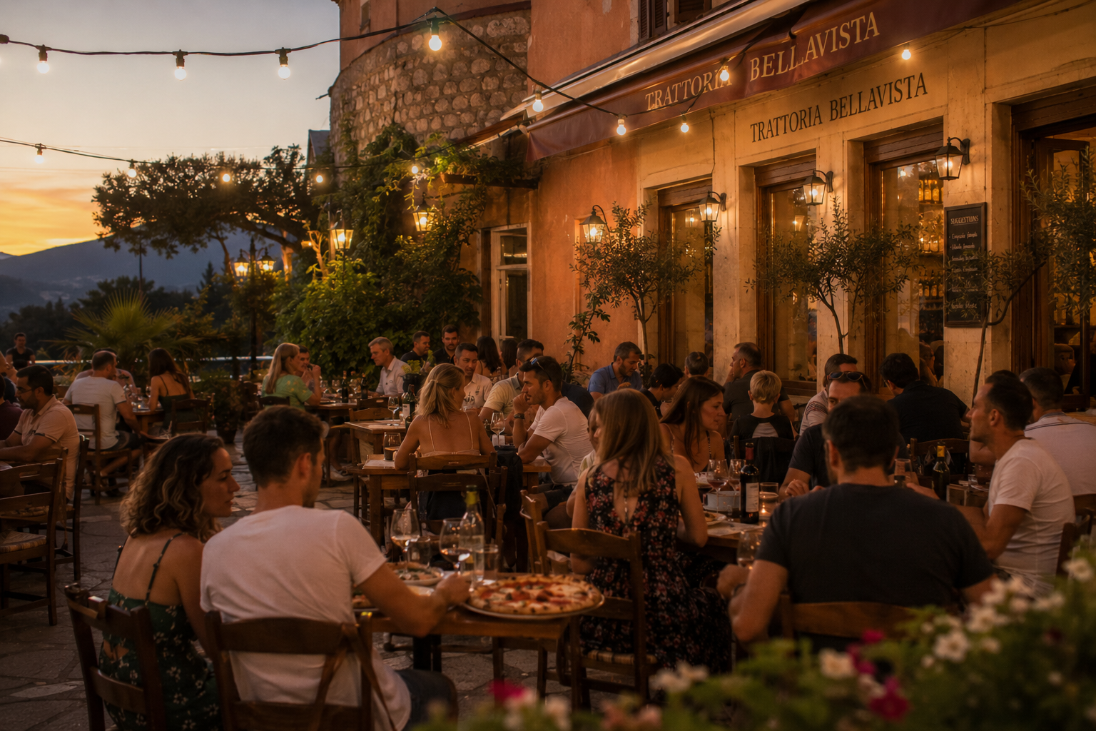 Grande terrasse animée de la Trattoria Bellavista
