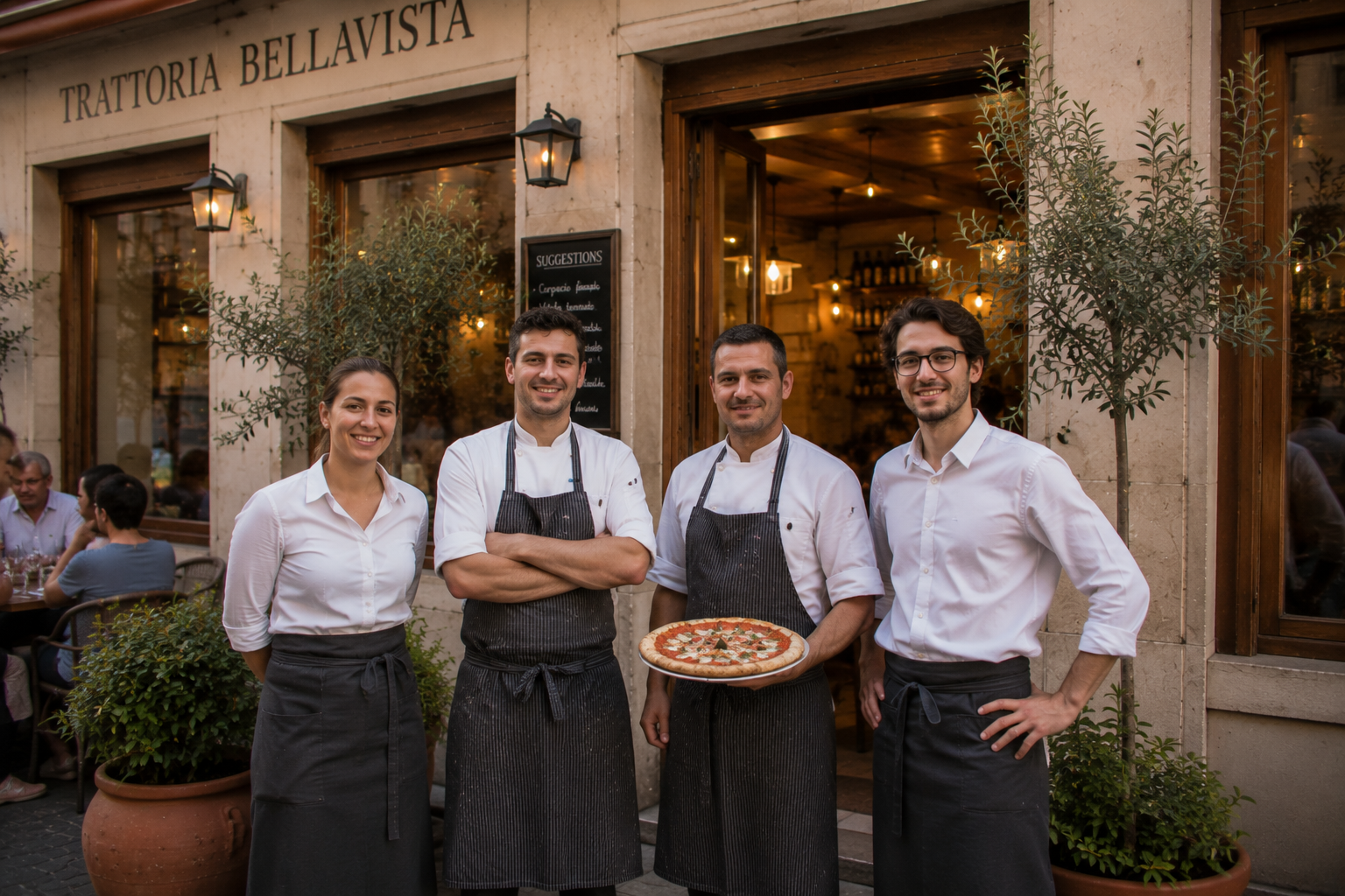 Équipe de la Trattoria Bellavista devant le restaurant